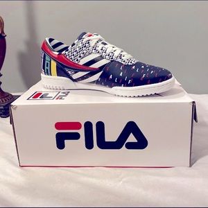 Patchwork multi colored tennis shoes.